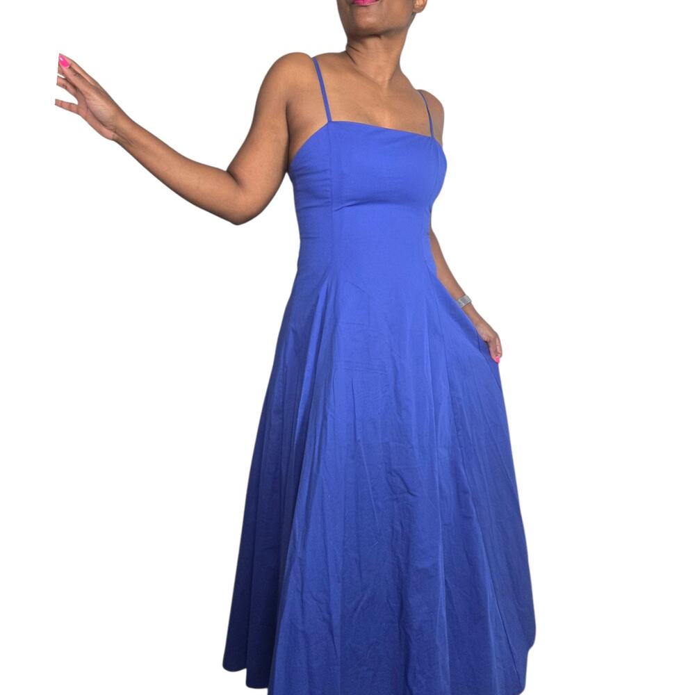 Zara Asymmetric Midi Dress Blue Poplin Fit Flare Square Neck Adjustable Medium